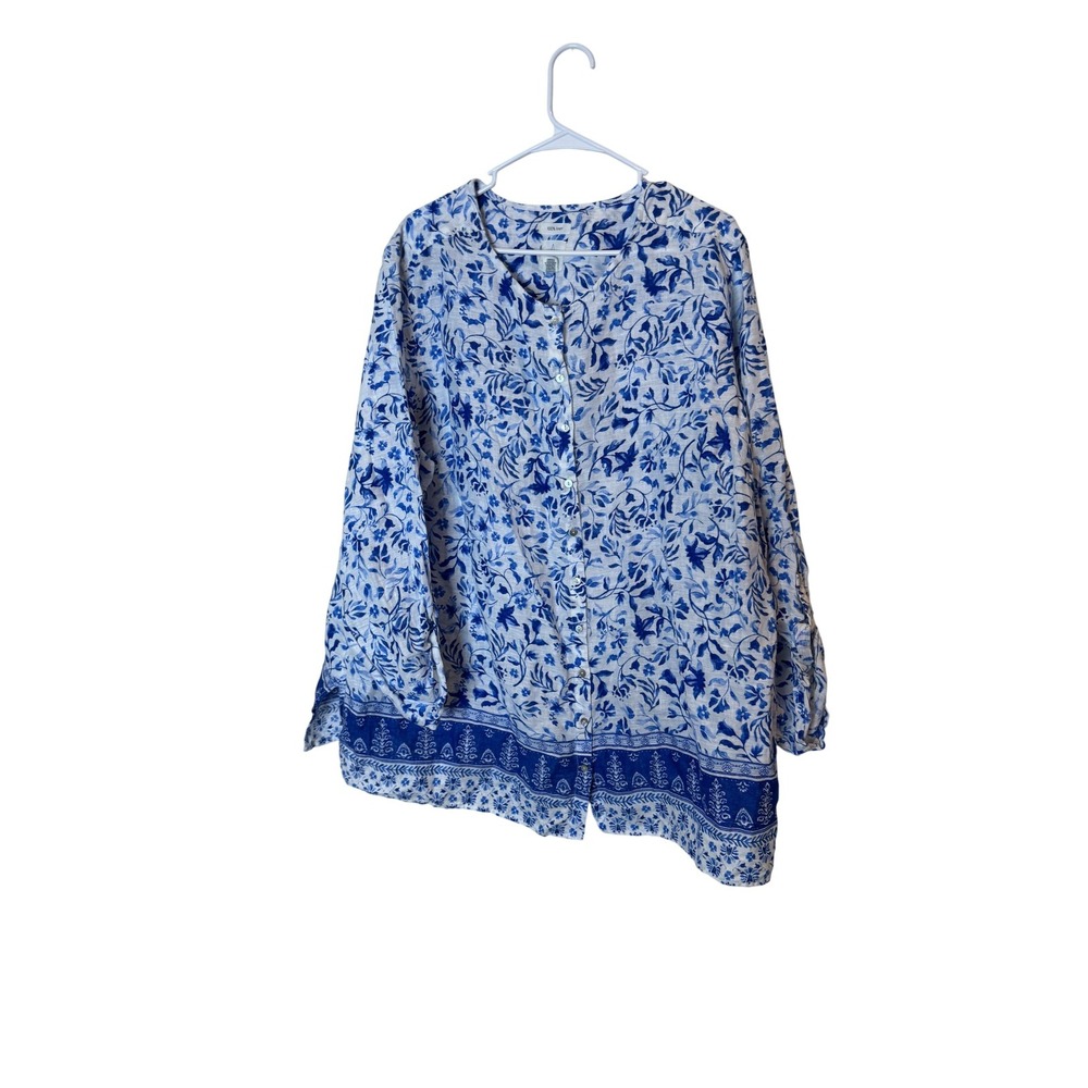 Joie Shirt Womens 3X Blue White Floral 100% Linen Button Front Boho Tunic Top
